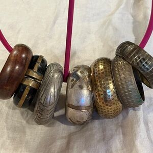70s/80s LOT of 7 Mixed Metal and Wood Bangle Bracelet Lot